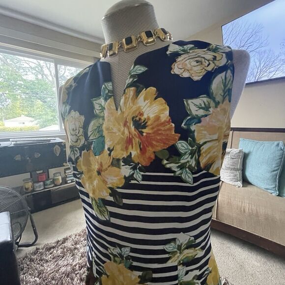 DB Estb 1962 Navy White Yellow Spring Summer Floral Striped Pleated Dress Sz 16 - Picture 5 of 15